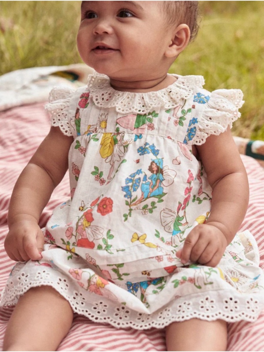 Baby Boden Broderie Ruffle Dress in Coconut Milk Fairies print